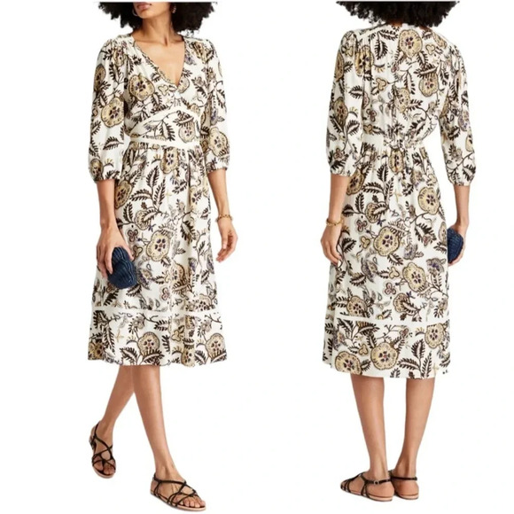 Ba&Sh Vienne Printed Crepe Midi Dress Flower Leaf Print Cream Size 8 NWT - Picture 2 of 14